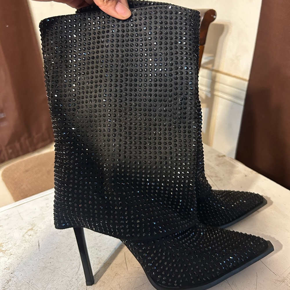 Black Crystal-Embellished Pointed Stiletto Boot